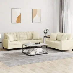 vidaXL Soffgrupp med kuddar 2 delar gräddvit konstläder