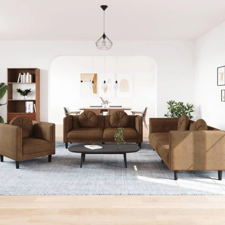Discount vidaXL Soffgrupp med kuddar 3 delar sammet Brun