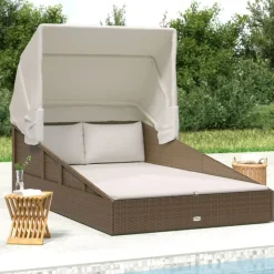 Best vidaXL Solsäng med hopfällbart tak 200x114x128 cm konstrotting Brun