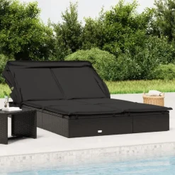 vidaXL Solsäng med hopfällbart tak 213x118x97 cm konstrotting Svart
