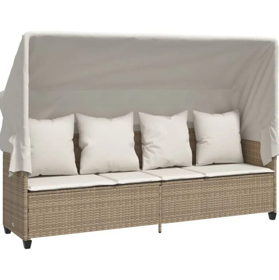 vidaXL Solsäng med tak och dynor beige konstrotting