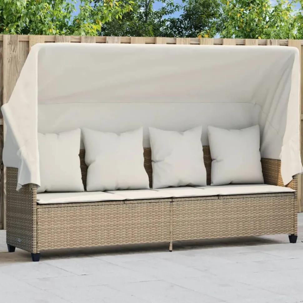 vidaXL Solsäng med tak och dynor beige konstrotting