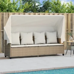 vidaXL Solsäng med tak och dynor beige konstrotting