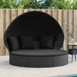 Discount vidaXL Solsäng med tak och dynor konstrotting Svart