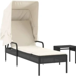 vidaXL Solsäng med tak och bord svart konstrotting