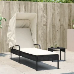 vidaXL Solsäng med tak och bord svart konstrotting