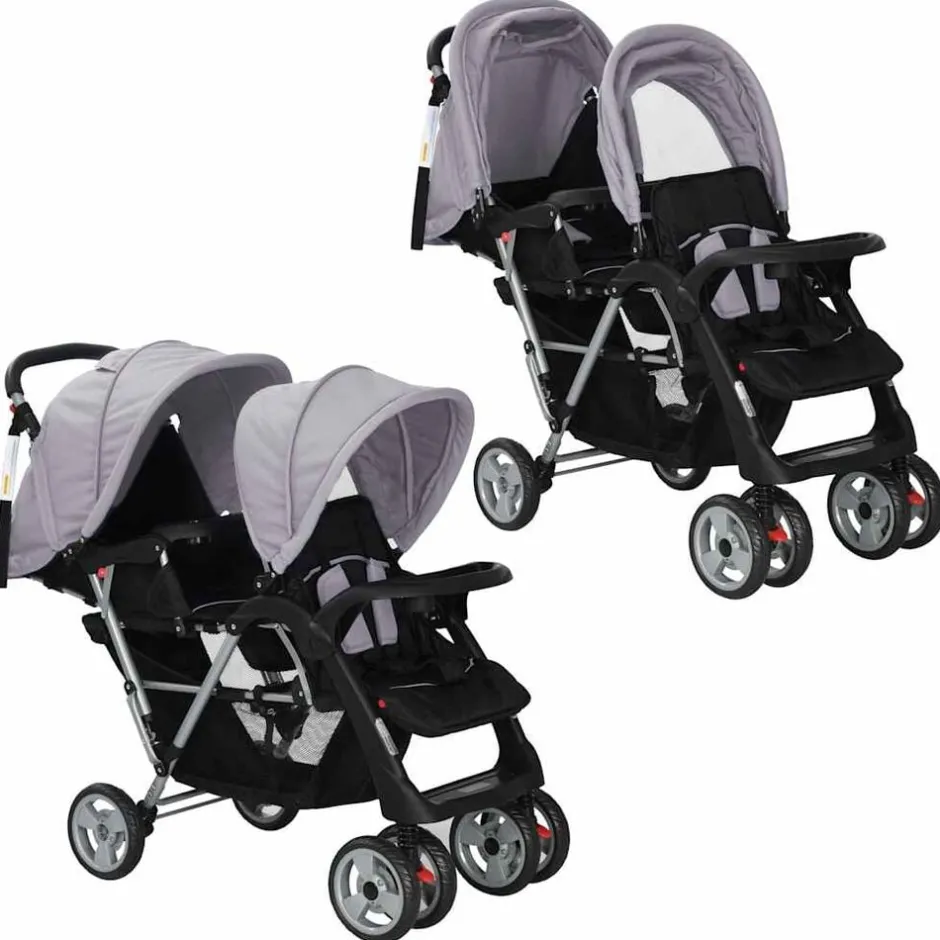 New vidaXL Syskonvagn stål och svart Grå