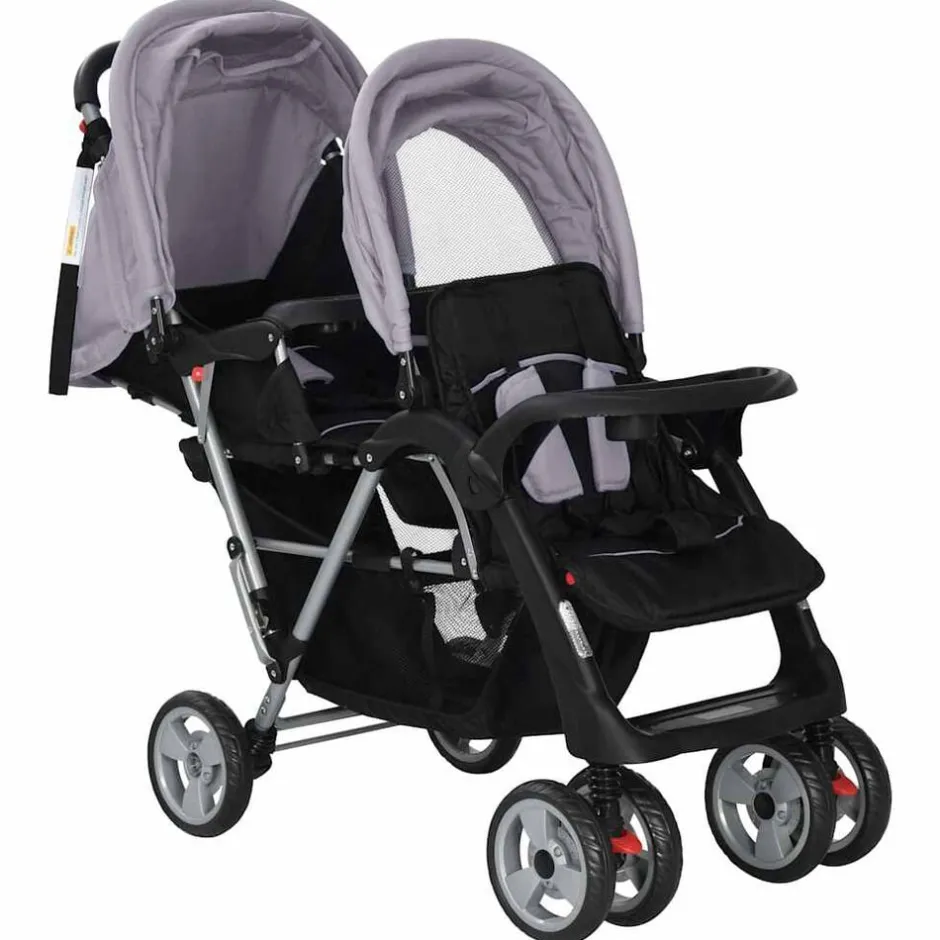 New vidaXL Syskonvagn stål och svart Grå