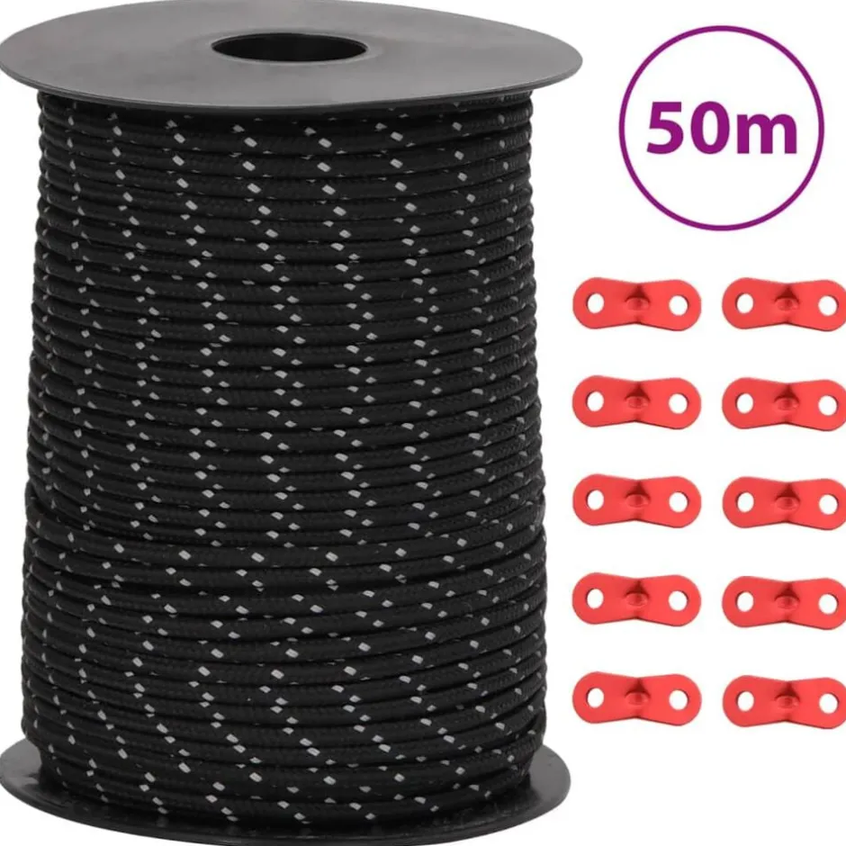 Best vidaXL Tältlina med reflekterande remsor och fästen 50 m 3 mm Svart