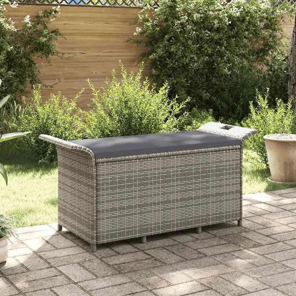 Discount vidaXL Trädgårdsbänk med dyna 116x46x57 cm konstrotting Grå