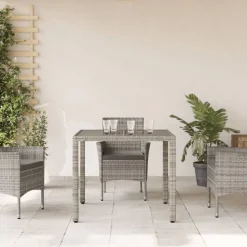 vidaXL Trädgårdsbord med glasskiva grå 90x90x75 cm konstrotting