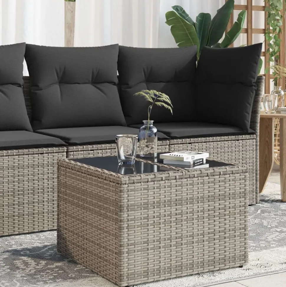 vidaXL Trädgårdsbord med glasskiva grå 55x55x37 cm konstrotting