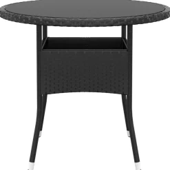 vidaXL Trädgårdsbord Ø80x75 cm härdat glas och konstrotting svart