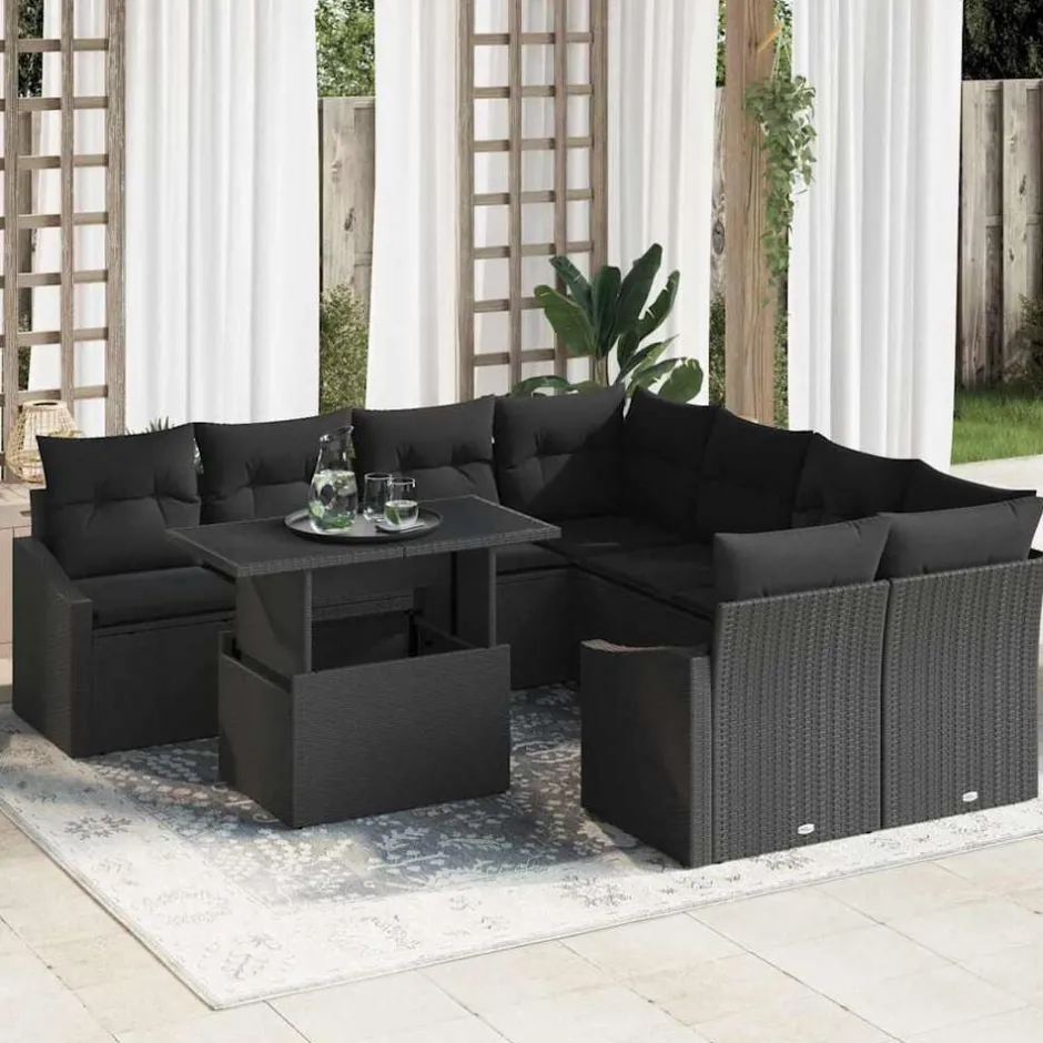 Clearance vidaXL Trädgårdsoffset med kudde 9 pcs konstrotting Svart