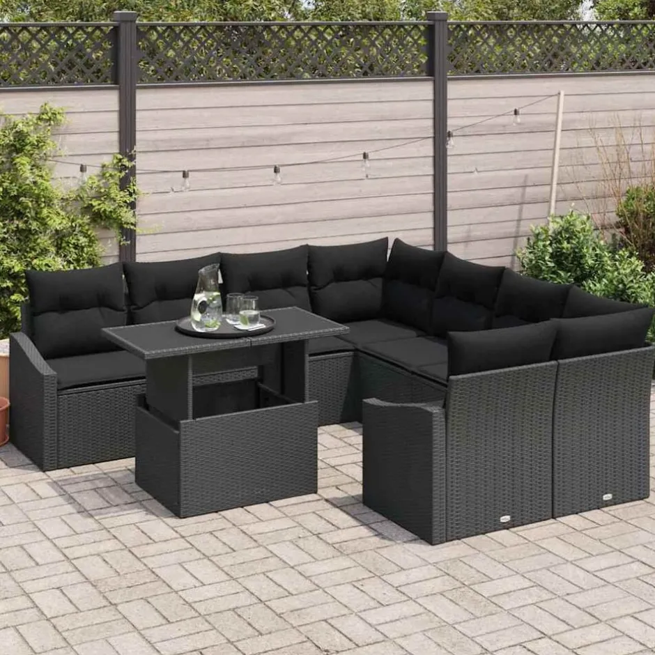 Clearance vidaXL Trädgårdsoffset med kudde 9 pcs konstrotting Svart