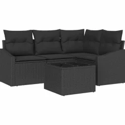 Best vidaXL Trädgårdsoffset med kudde med lagring 5 pcs konstrotting Svart