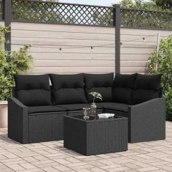 Best vidaXL Trädgårdsoffset med kudde med lagring 5 pcs konstrotting Svart