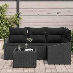Best vidaXL Trädgårdsoffset med kudde med lagring 5 pcs konstrotting Svart