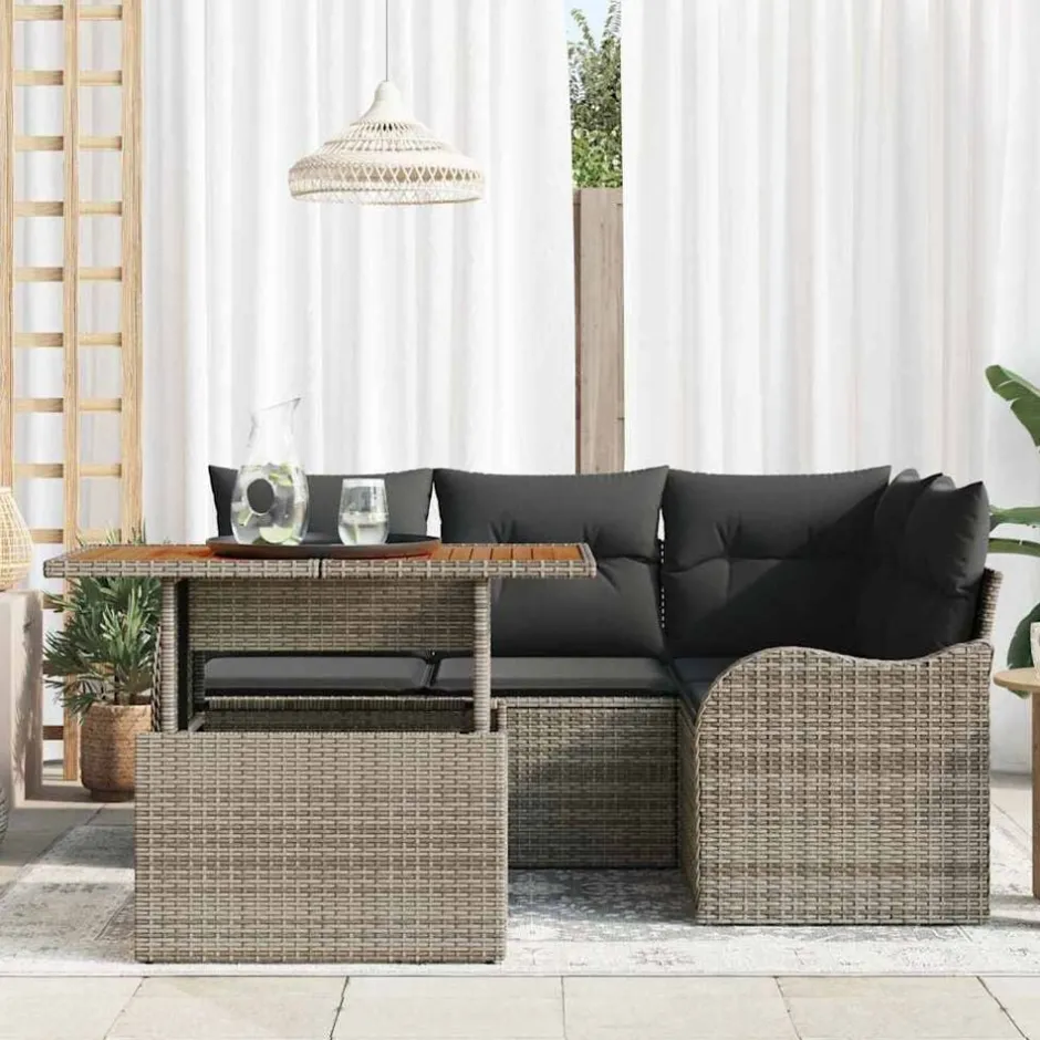 vidaXL Trädgårdsoffset med kudde 5 pcs konstrotting Grå