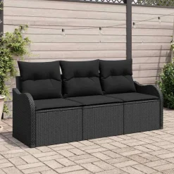 vidaXL Trädgårdsoffset med lagring 3 pcs Svart Poly rattan
