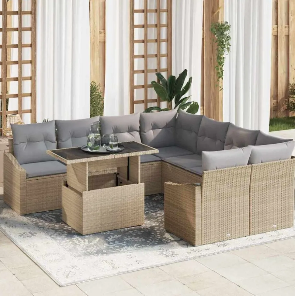 vidaXL Trädgårdsoffset med kudde 9 pcs Beige och Ljusgrå konstrotting