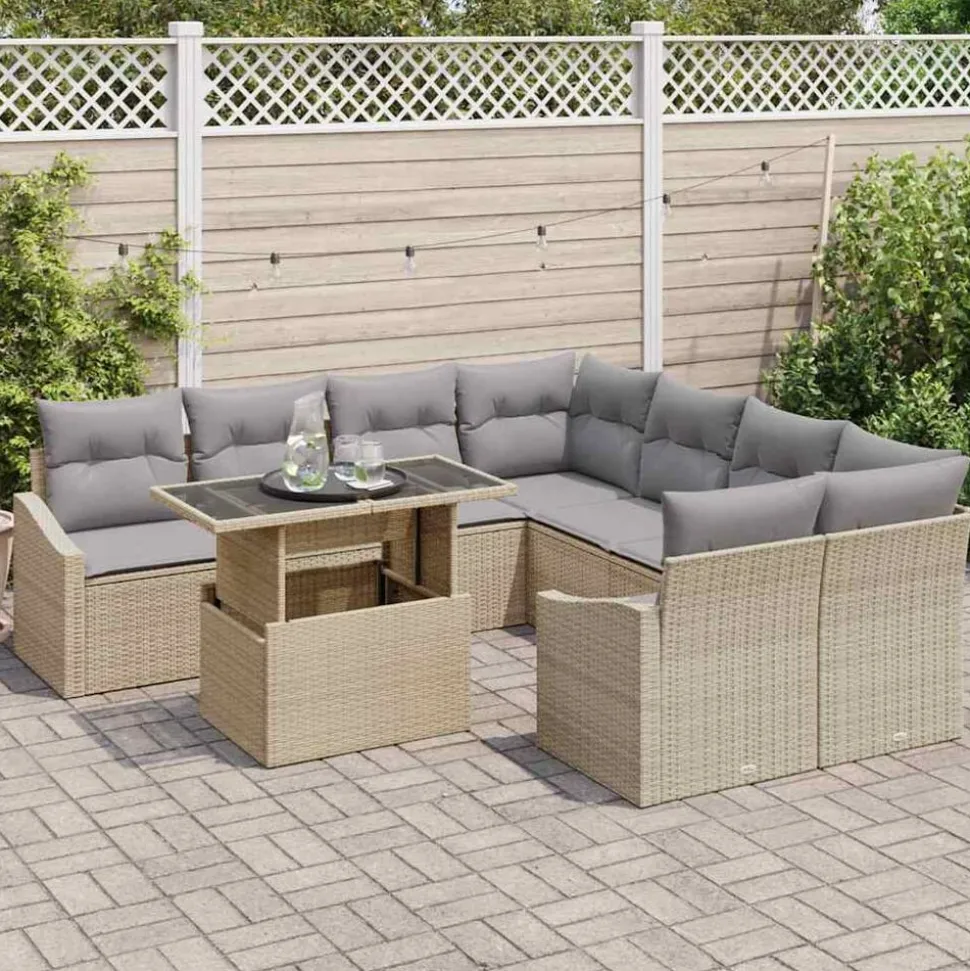 vidaXL Trädgårdsoffset med kudde 9 pcs Beige och Ljusgrå konstrotting