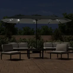 vidaXL Trädgårdsparasoll dubbelt med LEDs antracit 449x265 cm