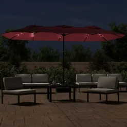 Hot vidaXL Trädgårdsparasoll dubbelt med LEDs vin 449x265 cm Röd