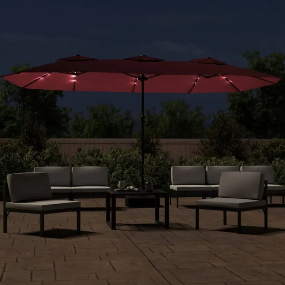 Hot vidaXL Trädgårdsparasoll dubbelt med LEDs vin 449x265 cm Röd