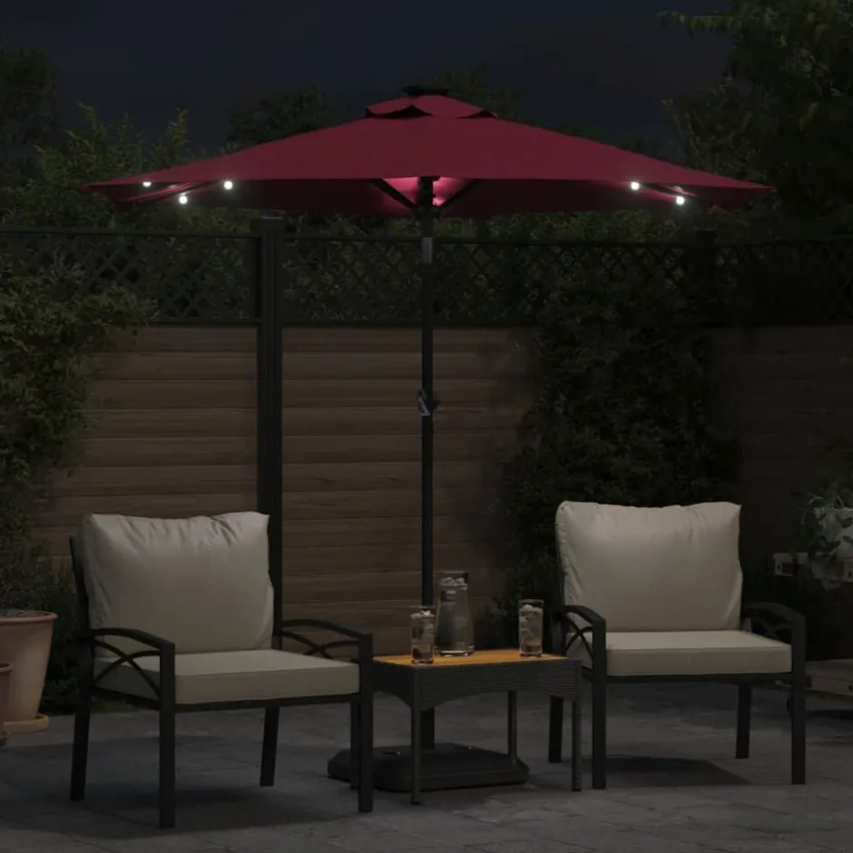 Hot vidaXL Trädgårdsparasoll med LEDs och stålstång 225x225x212cm Vinröd