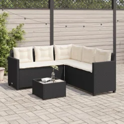 Clearance vidaXL Trädgårdssoffa med bord och dynor L-formad konstrotting Svart