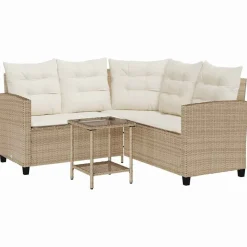 vidaXL Trädgårdssoffa med bord och kuddar L-formad beige konstrotting