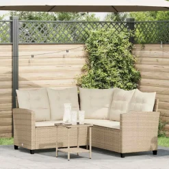 vidaXL Trädgårdssoffa med bord och kuddar L-formad beige konstrotting