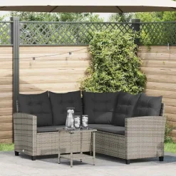 Best vidaXL Trädgårdssoffa med bord och kuddar L-formad konstrotting Grå