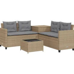 vidaXL Trädgårdssoffa med bord och dynor L-formad beige konstrotting