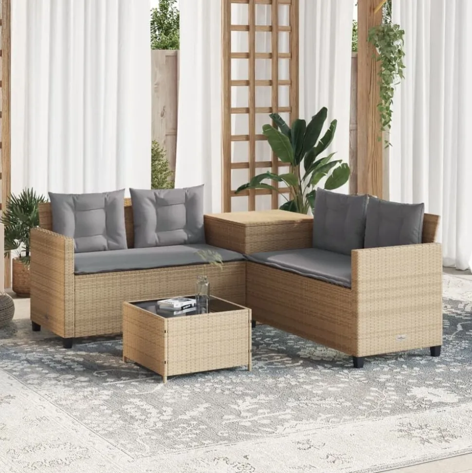 vidaXL Trädgårdssoffa med bord och dynor L-formad beige konstrotting