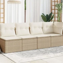Hot vidaXL Trädgårdssoffa 4-sits med dynor konstrotting beige beige och gräddvit