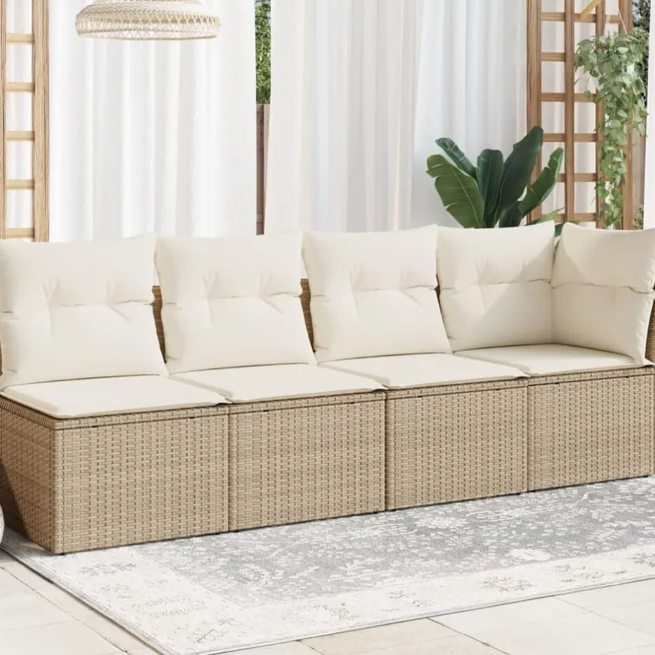 Hot vidaXL Trädgårdssoffa 4-sits med dynor konstrotting beige beige och gräddvit