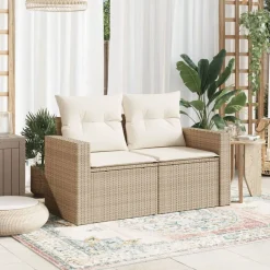 vidaXL Trädgårdssoffa 2-sits med dynor konstrotting beige