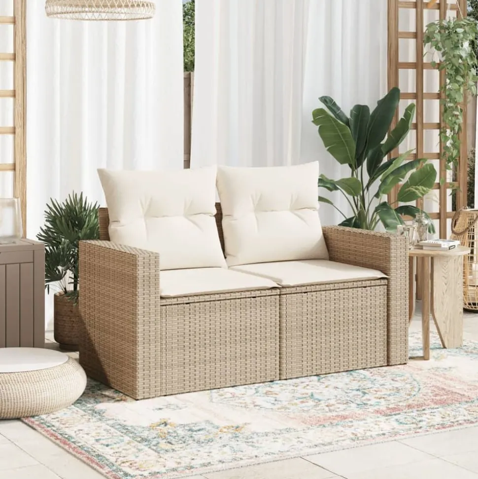 vidaXL Trädgårdssoffa 2-sits med dynor konstrotting beige