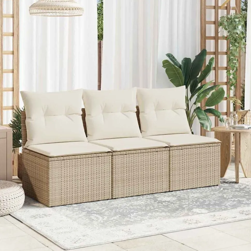vidaXL Trädgårdssoffa 3-sits med dynor konstrotting beige