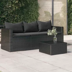 Discount vidaXL Trädgårdssoffa 3-sits med dynor konstrotting Svart