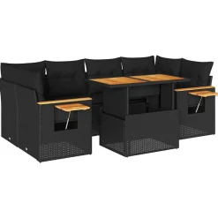 Discount vidaXL Trädgårdssoffset med dynor 7 delar konstrotting akaciaträ Svart