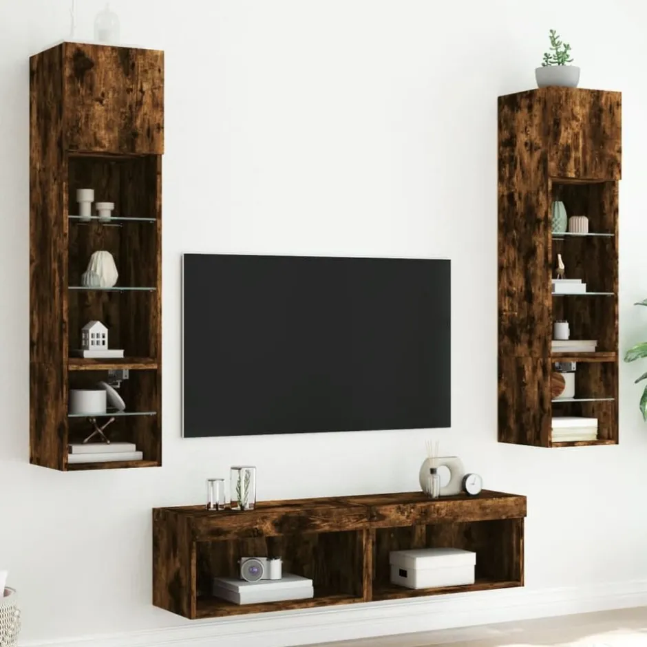 Best vidaXL Tv-bänk 6 delar LED konstruerat trä Rökfärgad ek