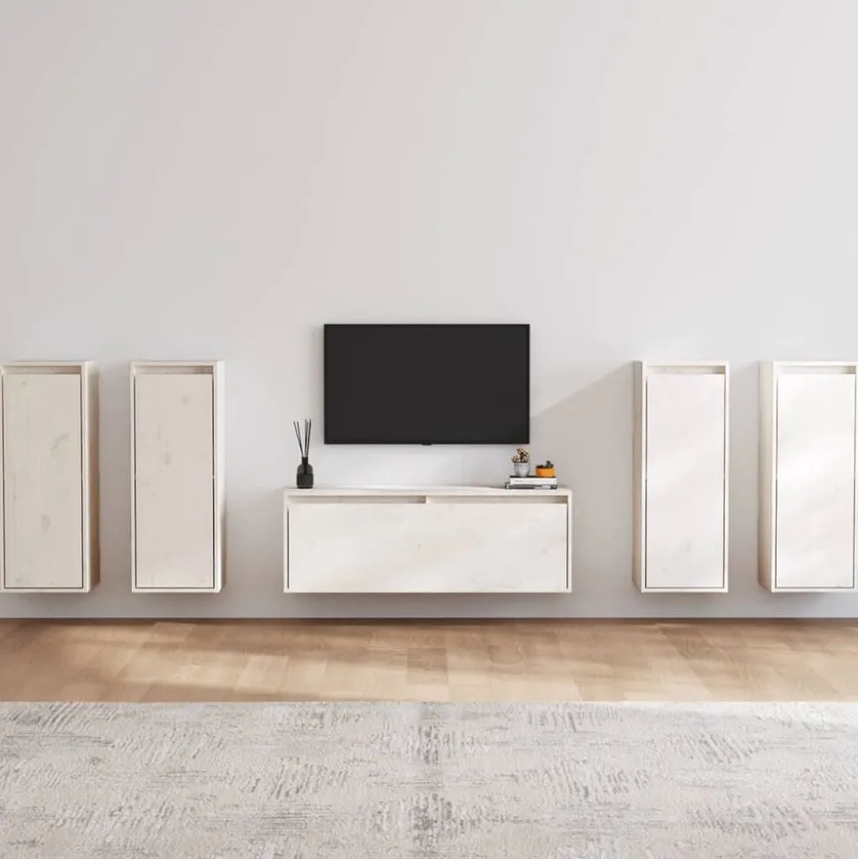 vidaXL Tv-bänk 5 delar vit massiv furu