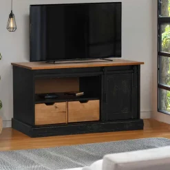 vidaXL TV-bänk HALDEN med skjutdörr svart 110x40x60 cm massivt trä