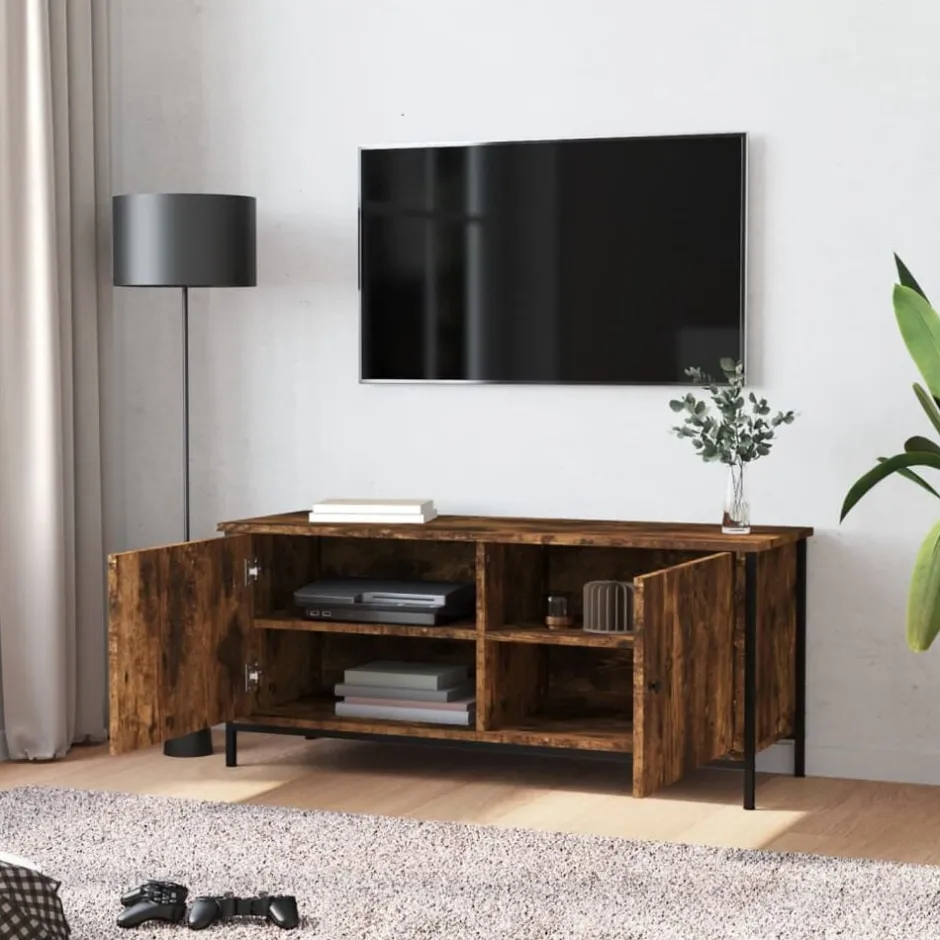 Clearance vidaXL Tv-bänk med dörrar 102x35x45 cm konstruerat trä Rökfärgad ek