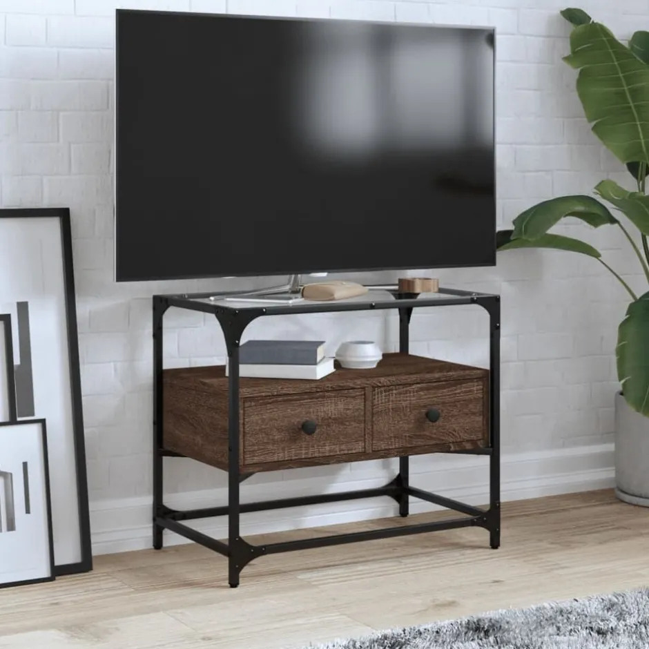 New vidaXL Tv-bänk med glasskiva 60x35x51 cm konstruerat trä brun ek