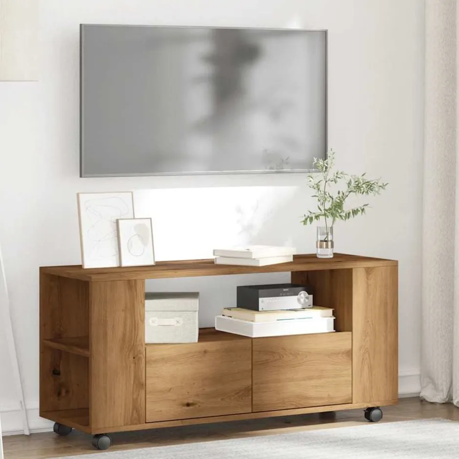Outlet vidaXL Tv-bänk med hjul artisian ek 102x34,5x43 cm konstruerat trä artisan ek