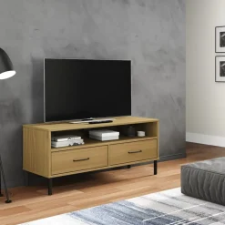 vidaXL Tv-bänk med metallben OSLO brun massiv furu